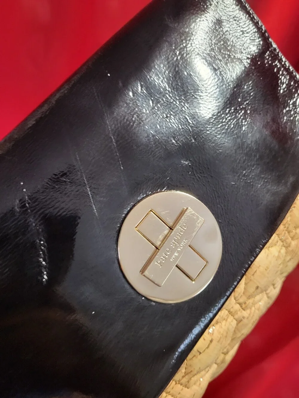 kate spade Black Patent & Beige Shoulder Bag with Gold Chain